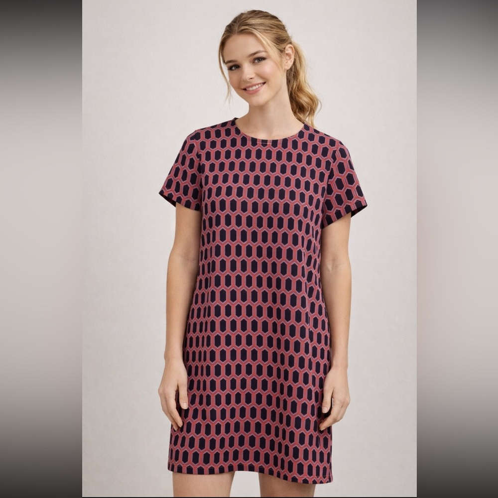 Adrienne Vittadini Navy Blue, Pink, & Red Hexagon Geometric Shift Dress 4